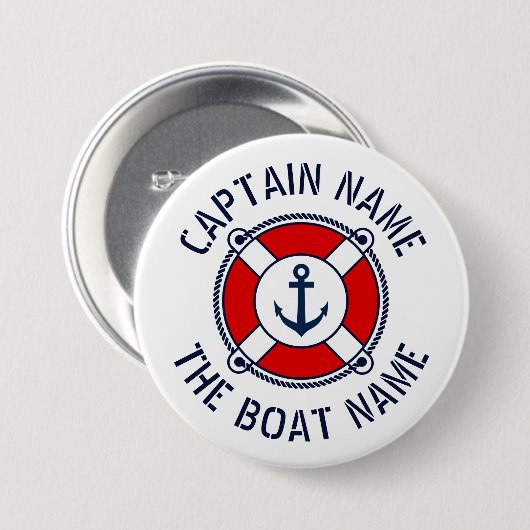 Badge Rond 7,6 Cm Nom du capitaine de bateau rouge bouée de sauvetag (Devant & derrière)