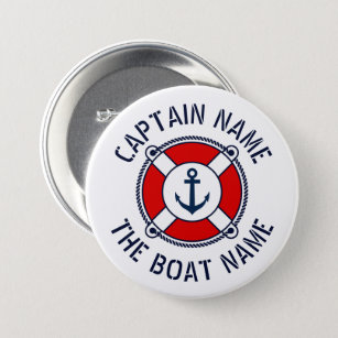 Badge Rond 7,6 Cm Nom du capitaine de bateau rouge bouée de sauvetag