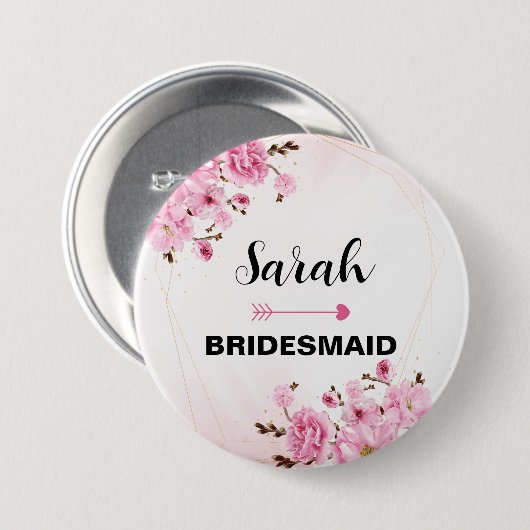 Badge Rond 7,6 Cm Nom Personnalisé Bridesmaid Pink Elegant Flower (Devant & derrière)