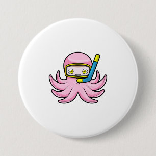Badge Rond 7,6 Cm Octopus à la plongée avec tuba et lunettes de nata