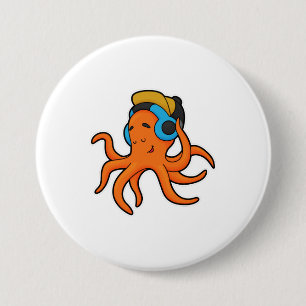 Badge Rond 7,6 Cm Octopus en musique avec casque