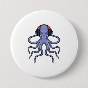 Badge Rond 7,6 Cm Octopus en musique avec casque
