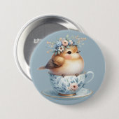 Badge Rond 7,6 Cm Oiseau bleu mignon avec couronne florale en Teacup (Devant & derrière)