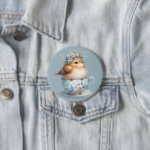 Badge Rond 7,6 Cm Oiseau bleu mignon avec couronne florale en Teacup