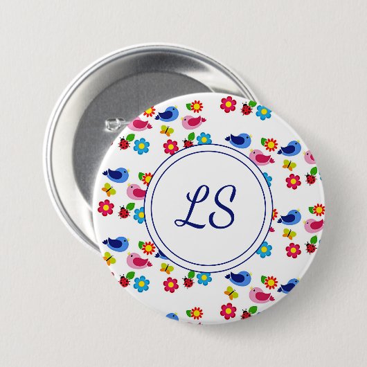 Badge Rond 7,6 Cm Oiseaux et fleurs printemps motif blanc (Devant & derrière)