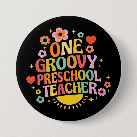 Badge Rond 7,6 Cm One groovy preschool teacher (Devant)