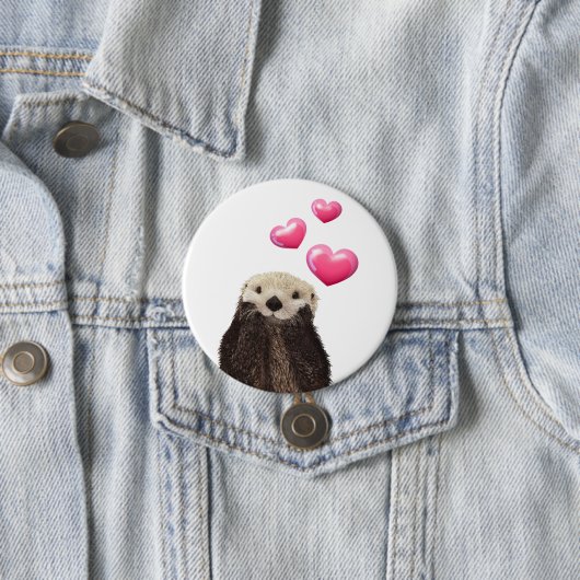 Badge Rond 7,6 Cm Otter mignonne avec Coeurs d'Amour Rose (En situation)