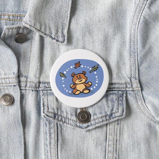 Badge Rond 7,6 Cm Ours d'automne avec Feuilles en chute