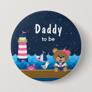 Badge Rond 7,6 Cm Ours fille nautique rose et bleu marine Papa futur