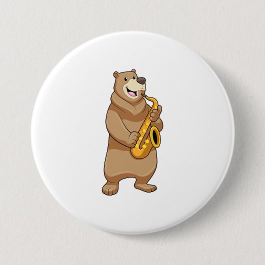 Badge Rond 7,6 Cm Ours musicien avec saxophone (Devant)