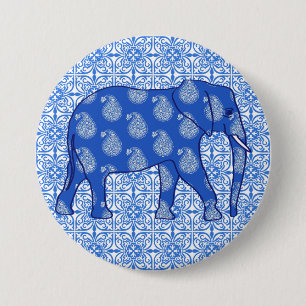 Badge Rond 7,6 Cm Paisley éléphant - bleu cobalt et blanc