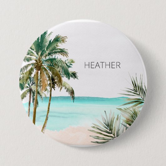 Badge Rond 7,6 Cm Palmier tropical Monogramme Plage Bleue Feuille (Devant)