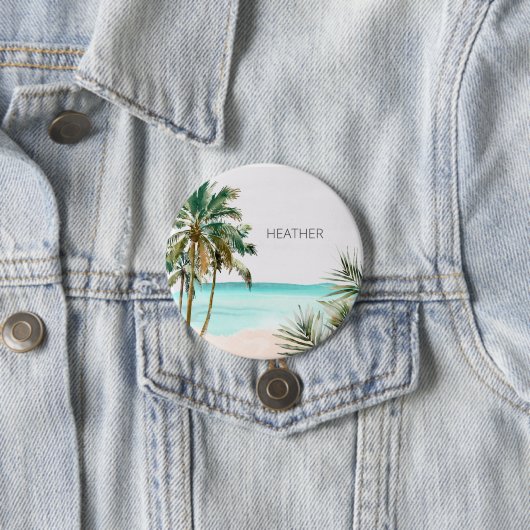 Badge Rond 7,6 Cm Palmier tropical Monogramme Plage Bleue Feuille (En situation)