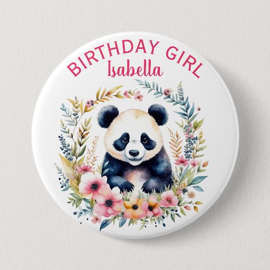 Badge Rond 7,6 Cm Panda Ours en Fleurs Fille Anniversaire (Devant)