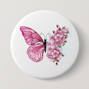 Badge Rond 7,6 Cm Papillon de fleurs avec Sakura rose
