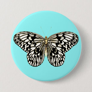 Badge Rond 7,6 Cm Papillon noir et blanc, arrière - plan turquoise