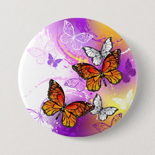 Badge Rond 7,6 Cm Papillons Monarque sur Arrière - plan pourpre (Devant)
