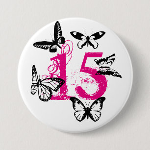 Badge Rond 7,6 Cm Papillons noirs sur le rose "15" bouton