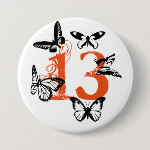 Badge Rond 7,6 Cm Papillons noirs sur l'orange "13" bouton