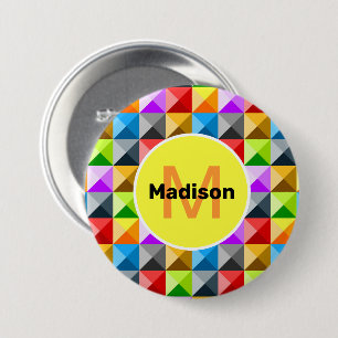 Badge Rond 7,6 Cm Patchwork motif géométrique coloré Monogramme