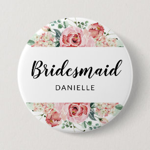 Badge Rond 7,6 Cm Peach Watercolor Floral Bridesmaid Monogramme