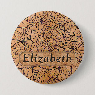 Badge Rond 7,6 Cm Personalized Carved Wood Floral Mandala