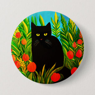 Badge Rond 7,6 Cm Petit chat noir dans un jardin de tulipes