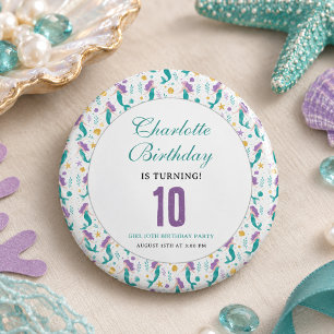Badge Rond 7,6 Cm Petite Sirène Dorée 10e Anniversaire Sous l'Océa