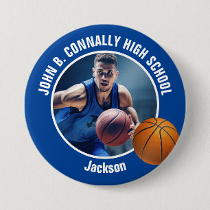Badge Rond 7,6 Cm Photo de grand joueur de basket-ball au lycée bleu