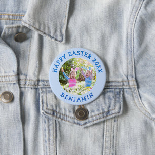 Badge Rond 7,6 Cm Photo Pâques Cute Avec Garçons Nom Bleu