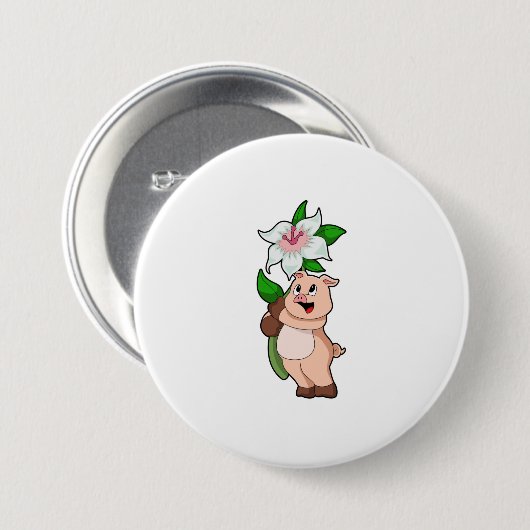 Badge Rond 7,6 Cm Pig with Flower Lily (Devant & derrière)