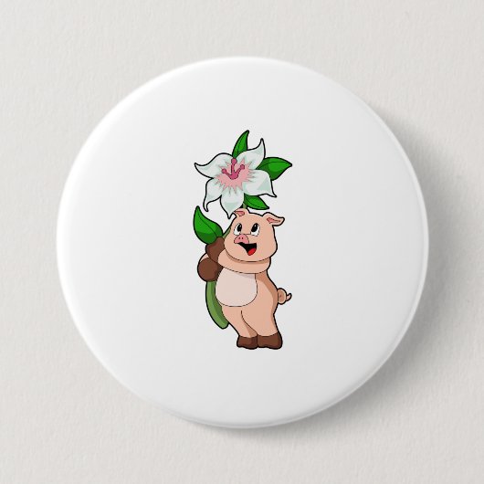 Badge Rond 7,6 Cm Pig with Flower Lily (Devant)
