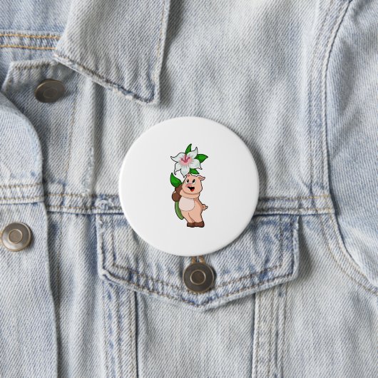 Badge Rond 7,6 Cm Pig with Flower Lily (En situation)