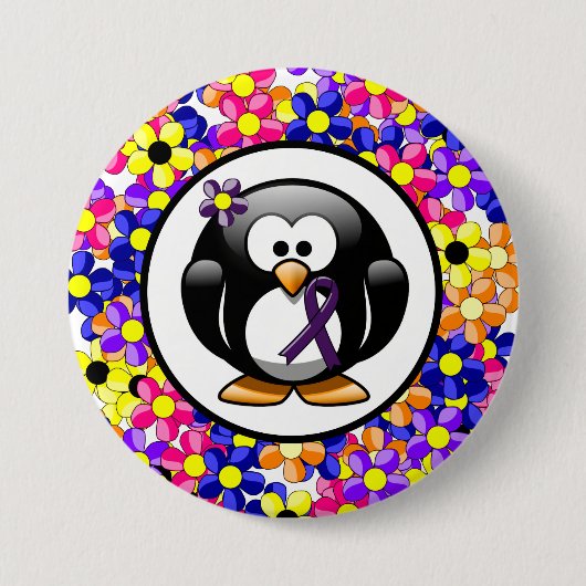 Badge Rond 7,6 Cm Pingouin à ruban de sensibilisation à la violette (Devant)