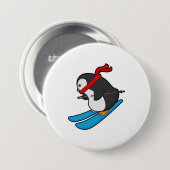 Badge Rond 7,6 Cm Pingouin comme skieur avec ski (Devant & derrière)