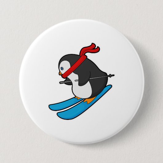 Badge Rond 7,6 Cm Pingouin comme skieur avec ski (Devant)