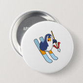 Badge Rond 7,6 Cm Pingouin comme skieur avec ski (Devant & derrière)