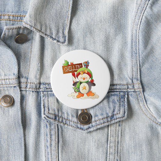 Badge Rond 7,6 Cm Pingouin d'hiver et oiseau Chillin Noël