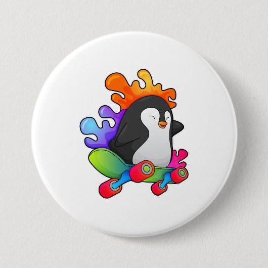 Badge Rond 7,6 Cm Pingouin en patinage avec skateboard (Devant)
