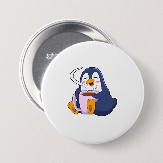 Badge Rond 7,6 Cm Pingouin with Cup of Coffee (Devant & derrière)