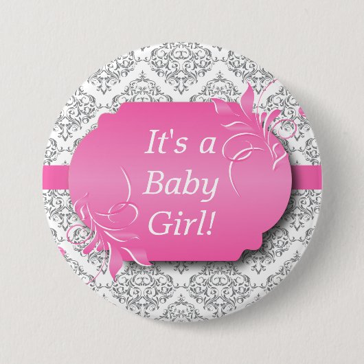 Badge Rond 7,6 Cm Pink avec motif gris Damask (Devant)