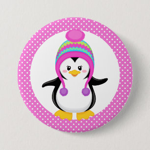 Badge Rond 7,6 Cm Pink Polka Dot Winter Penguin Girl
