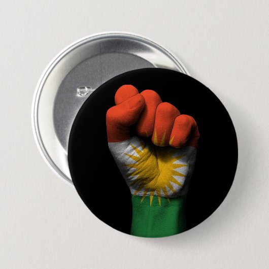 Badge Rond 7,6 Cm Poing serré augmenté avec le drapeau kurde (Devant & derrière)