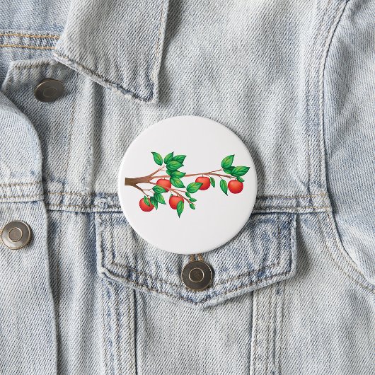 Badge Rond 7,6 Cm Pommier rouge Branche Fruit frais et Feuilles vert