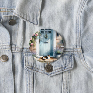 Badge Rond 7,6 Cm Porche Floral Cottagecore avec Chat Calicot