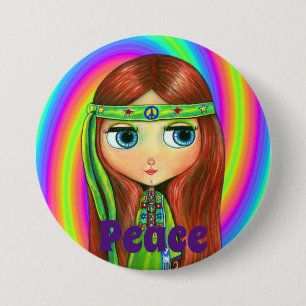 Badge Rond 7,6 Cm Poupée Hippie verte Fille Paix Signal Headband mig