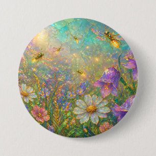 Badge Rond 7,6 Cm Prairie de fleurs sauvages avec libellules lumineu