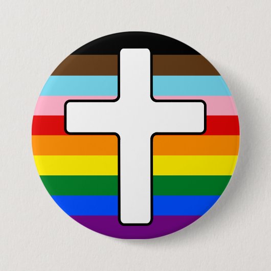 Badge Rond 7,6 Cm Progrès Fierté Arc-en-ciel drapeau avec Croix blan (Devant)