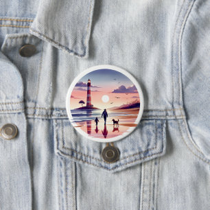 Badge Rond 7,6 Cm Promenade au coucher du soleil avec phare Scène cô