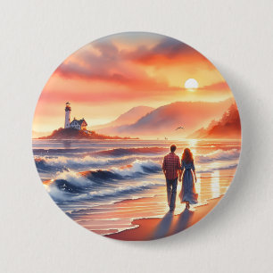 Badge Rond 7,6 Cm Promenade au phare du coucher de soleil côtier rom